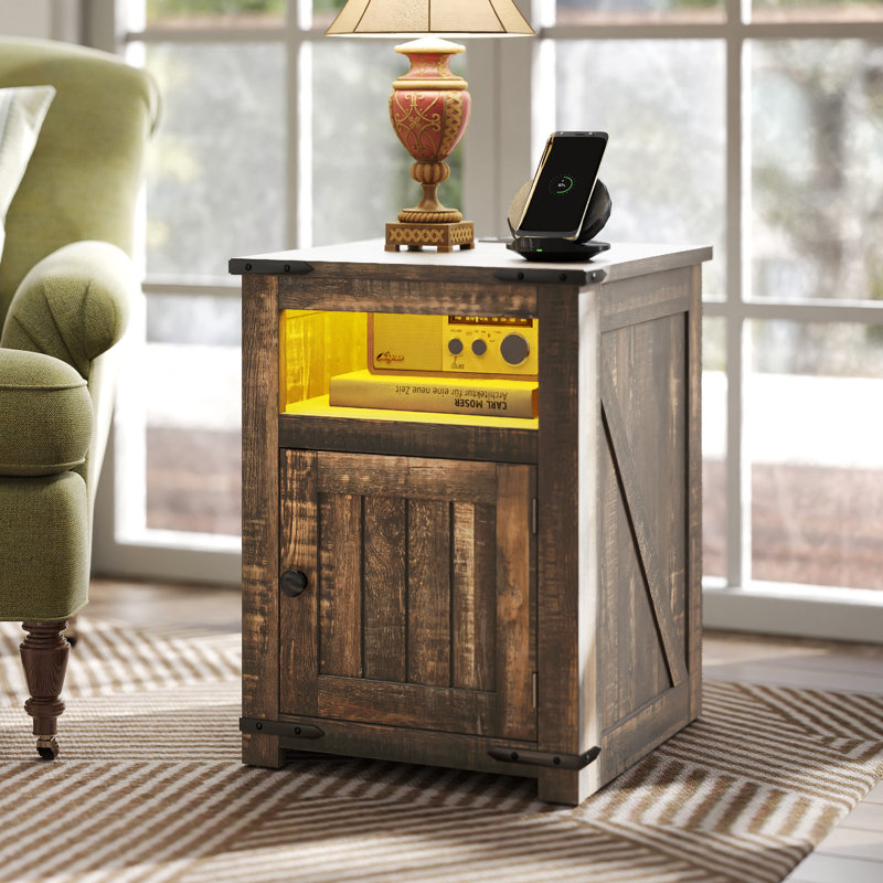 Gracie Oaks Farmhouse Nightstand with Power Outlets LED Lights Gracie Oaks Color Dark Brown Wood
